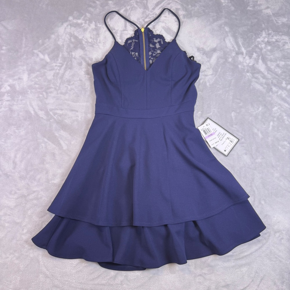 B. Darlin Lace Back Tiered Fit and Flare Skater Dress 11/12 Navy Blue 14XGK861